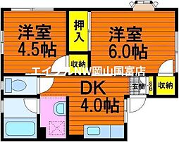 岡山電気軌道東山本線 門田屋敷駅 徒歩12分の賃貸アパート 1階2DKの間取り