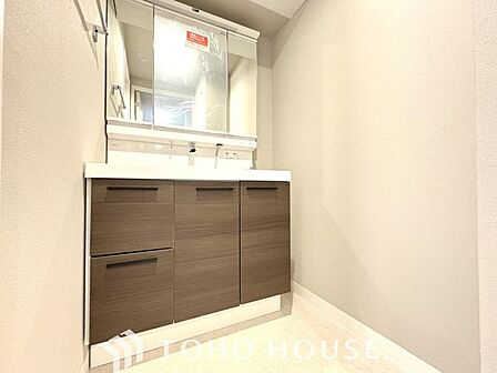 身だしなみのチェックがしやすい大きな鏡、下には収納がたっぷり。スッキリとした空間を演出いたします。