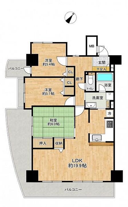 LDK19.9帖!全居室収納完備!家事同線も良好!3面バルコニー付きの開放的な間取りです♪