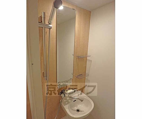 画像19:大きな鏡付きの浴室洗面台です。