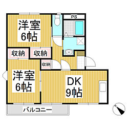 ビラ芳南台Ａ棟 2階2DKの間取り