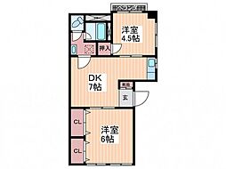 吉岡第一ビル 3階2DKの間取り