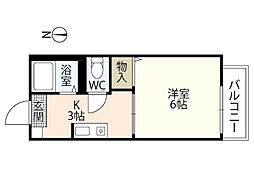 クレール五月が丘 2階1Kの間取り