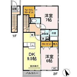 ビューテラス山本 2階2DKの間取り