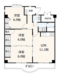牛田コーポラスF棟 5階3LDKの間取り