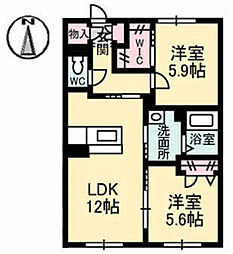 リバージュ中広 1階2LDKの間取り