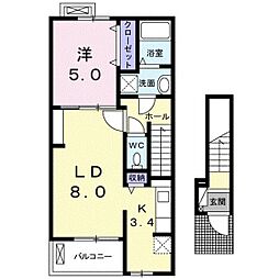 グレィス　ヴィラ　観音II 2階1LDKの間取り