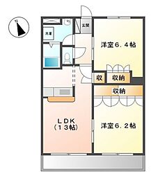 サン・リバー東原 2階2LDKの間取り