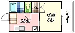 サンライズ鶴江A棟 1DKの間取図画像