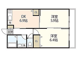 南観音レジデンス 1階2DKの間取り