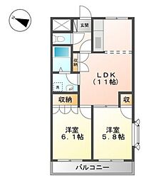 ラルジュ・ミリュー 2階2LDKの間取り