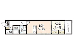 アドバンス緑井B棟 3階1LDKの間取り