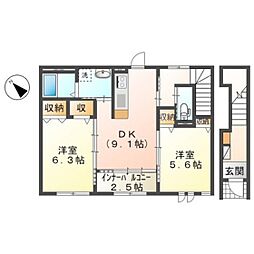 スターテラス上安 2階2DKの間取り