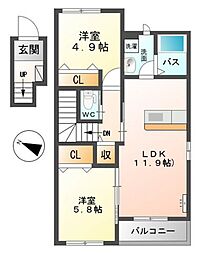 ラ・カーサ・フェリーチェ 2階2LDKの間取り