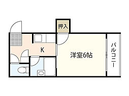 ウエストテイル南観音 1Kの間取図画像