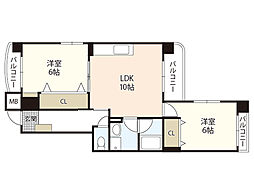 シティハイツ金屋町 7階2LDKの間取り