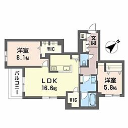 グリナージュ　歴史の散歩道 3階2LDKの間取り