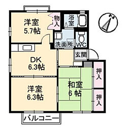 ソレイユ　C棟 2階3DKの間取り