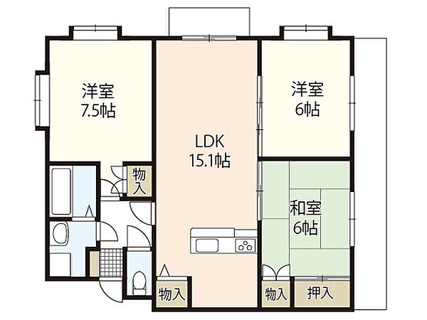 スカイビュー高須台 ｜広島県広島市西区高須台1丁目(賃貸マンション3LDK・2階・75.01㎡)の写真 その2