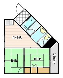 コーポ大辻 2階2DKの間取り