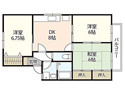 ファミールカワテＡ棟 2階3DKの間取り