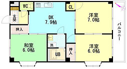 セントラルリバーC棟 2階3DKの間取り