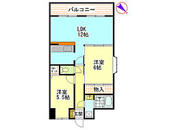 グリーンコート毘沙門 6階2LDKの間取り