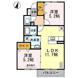 クレエルK　C棟 1階2LDKの間取り
