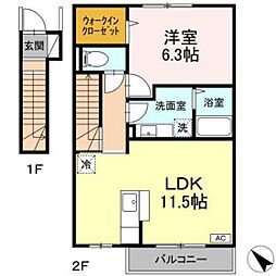 カーサベルデ 2階1LDKの間取り