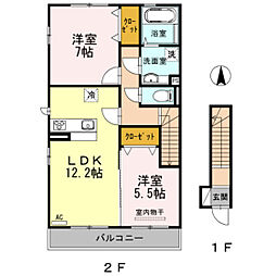 グランディール東原　E棟 2階2LDKの間取り