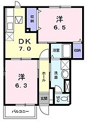 メープル焼山A 1階2DKの間取り