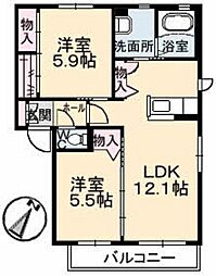 広島電鉄宮島線 楽々園駅 徒歩8分の賃貸アパート 2階2LDKの間取り