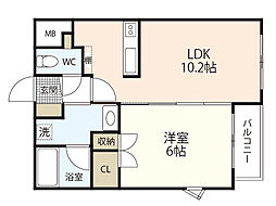 ルミエールA館 2階1LDKの間取り