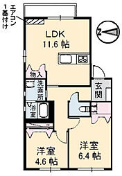 スカイタウン・セノ　A棟 2階2LDKの間取り