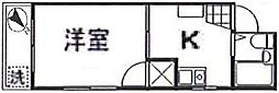 サンライズ三宅2B 1Kの間取図画像