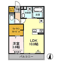 カーサあき亀山　A棟 2階1LDKの間取り