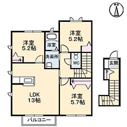 エール東原　Ａ棟 2階3LDKの間取り