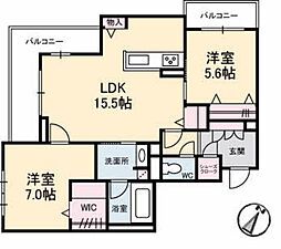ジャルダン　ヴェール 3階2LDKの間取り