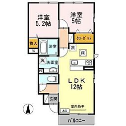 グランディール東原　E棟 1階2LDKの間取り