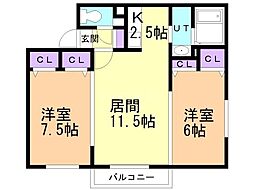 ノースキャッスル 2LDKの間取図画像