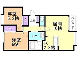 クリスタルリバー壱番館 2LDKの間取図画像