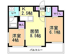 カーサ・フォレスト北円山 2階2LDKの間取り