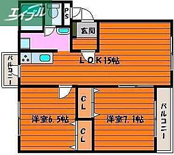 JR宇野線 大元駅 徒歩20分の賃貸マンション 1階2LDKの間取り
