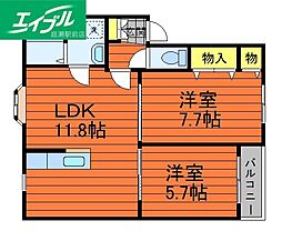 オアシス参番館 2LDKの間取図画像
