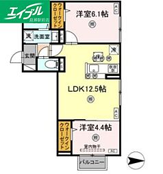 倉敷市浜ノ茶屋1丁目アパート 2LDKの間取図画像