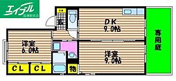 レーベン板野B 2DKの間取図画像