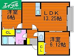 ウエスト・ベルジュB 2LDKの間取図画像