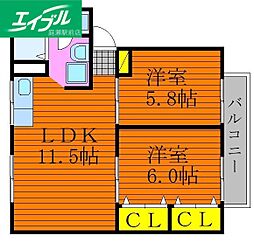 シャンポールききょう　A棟 2階2LDKの間取り