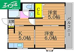 フローリス横井 2階2Kの間取り