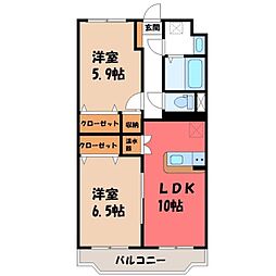 JR水戸線 結城駅 徒歩18分の賃貸マンション 2階2LDKの間取り